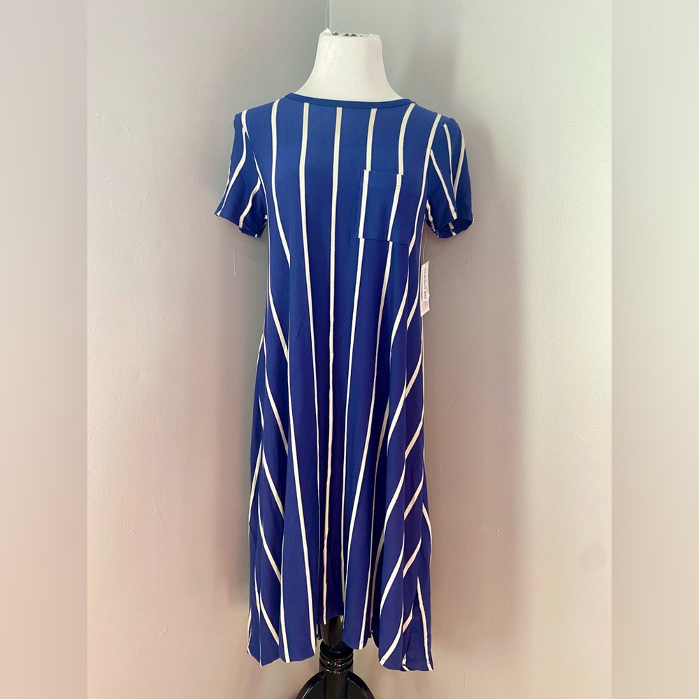LuLaRoe Carly Dress Blue and White Vertical Stripe - Picture 7 of 7